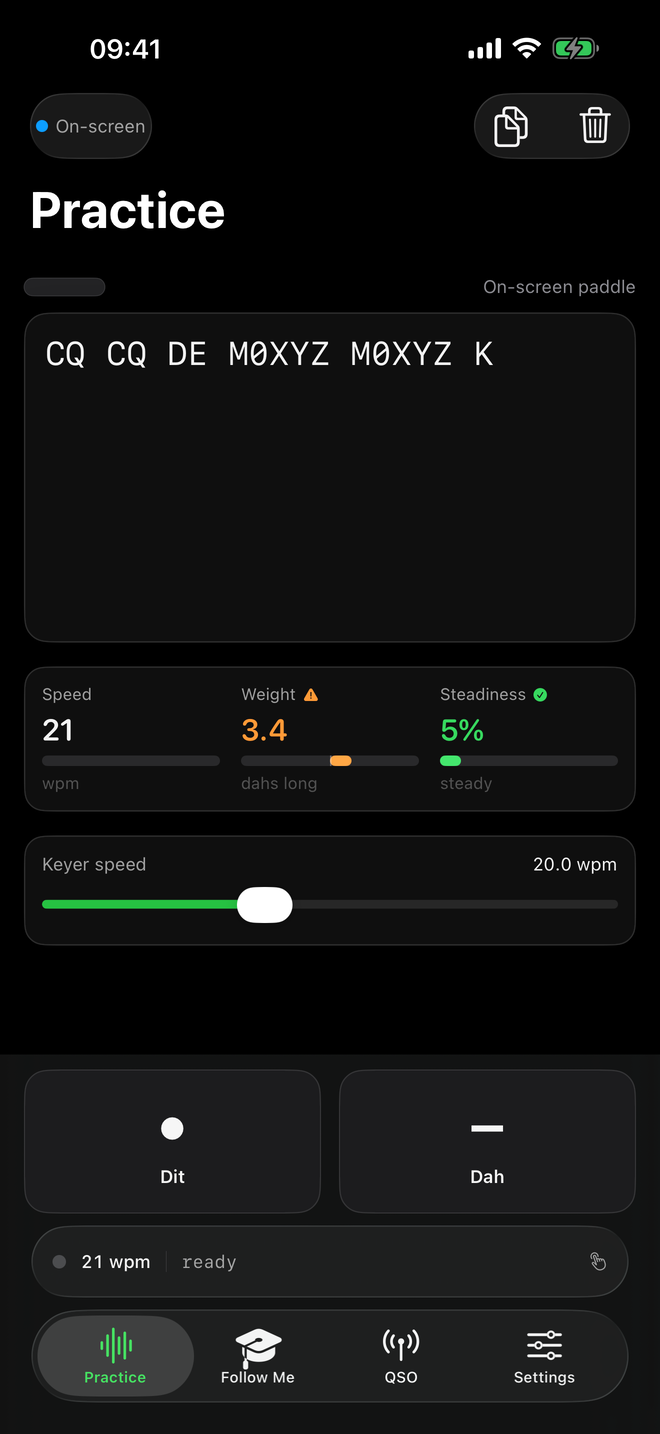 The Practice screen: the transcript reads CQ CQ DE M0XYZ M0XYZ K, with a readout below it showing 21 wpm, a weighting of 3.4 flagged as long, and 5% steadiness.