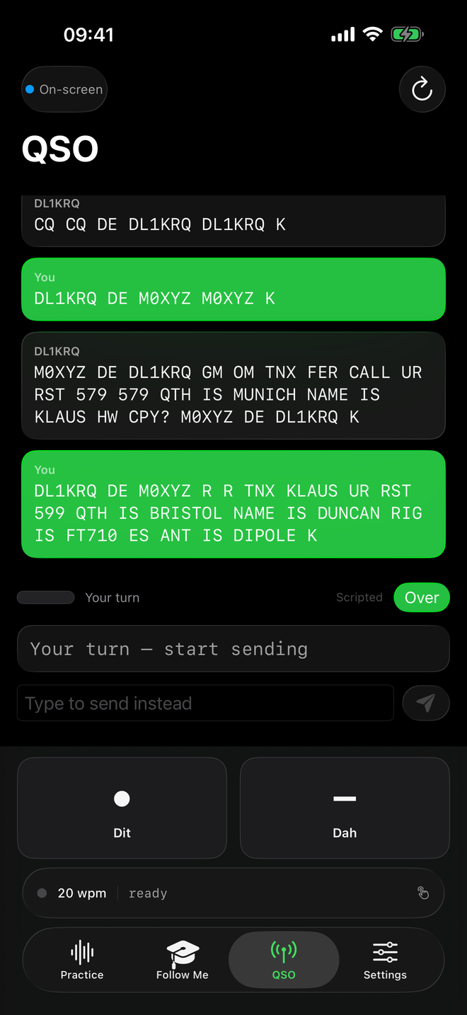 The QSO screen four turns into a contact with DL1KRQ, showing the exchange of reports, locations and names, with the prompt: your turn, start sending.